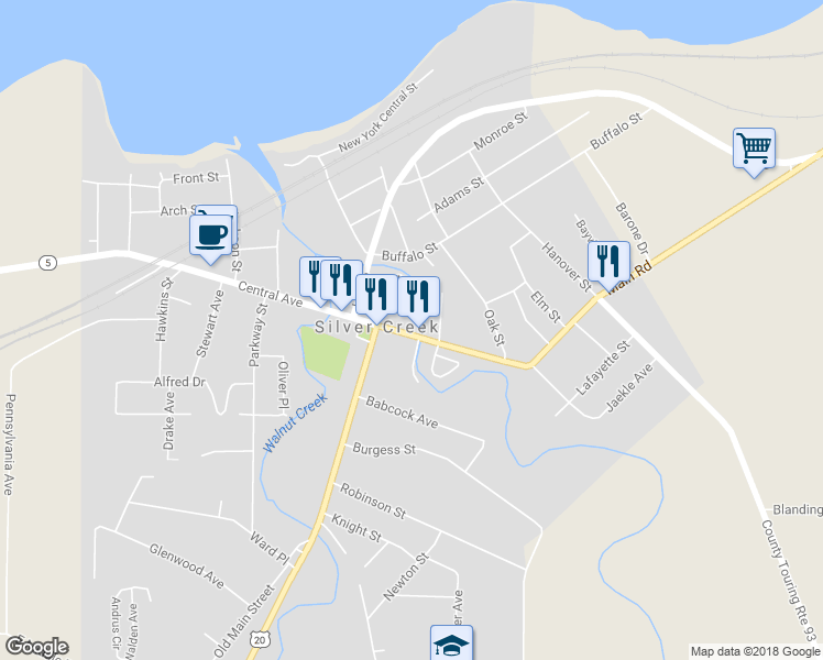 map of restaurants, bars, coffee shops, grocery stores, and more near 262 Central Avenue in Silver Creek