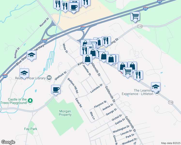 map of restaurants, bars, coffee shops, grocery stores, and more near 23 Goldsmith Street in Littleton