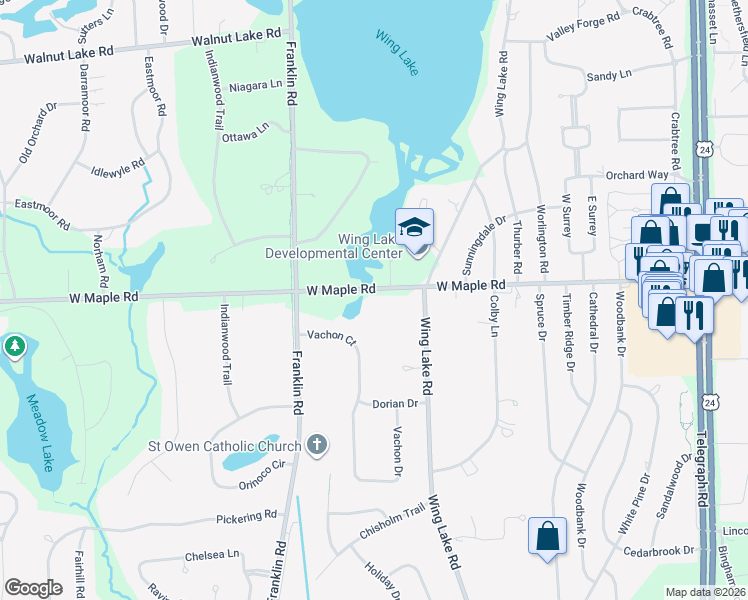 map of restaurants, bars, coffee shops, grocery stores, and more near 4423 West Maple Road in Bloomfield Hills