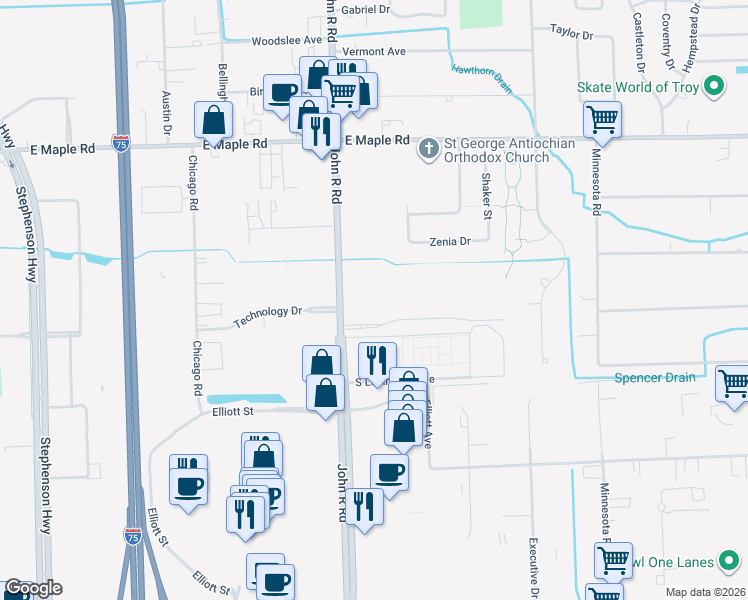 map of restaurants, bars, coffee shops, grocery stores, and more near 920 John R Road in Troy