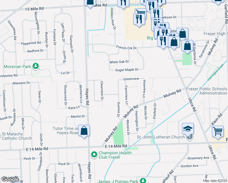 map of restaurants, bars, coffee shops, grocery stores, and more near 15455 Meadows Drive in Fraser