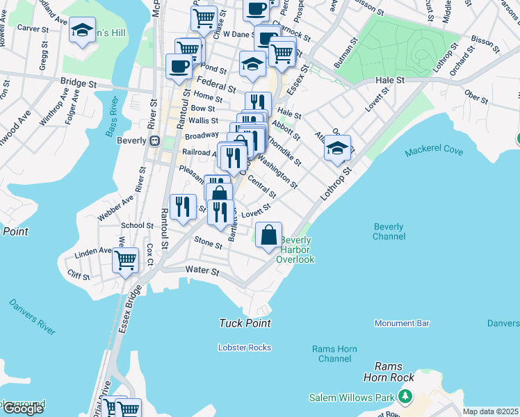 map of restaurants, bars, coffee shops, grocery stores, and more near 13 Central Court in Beverly