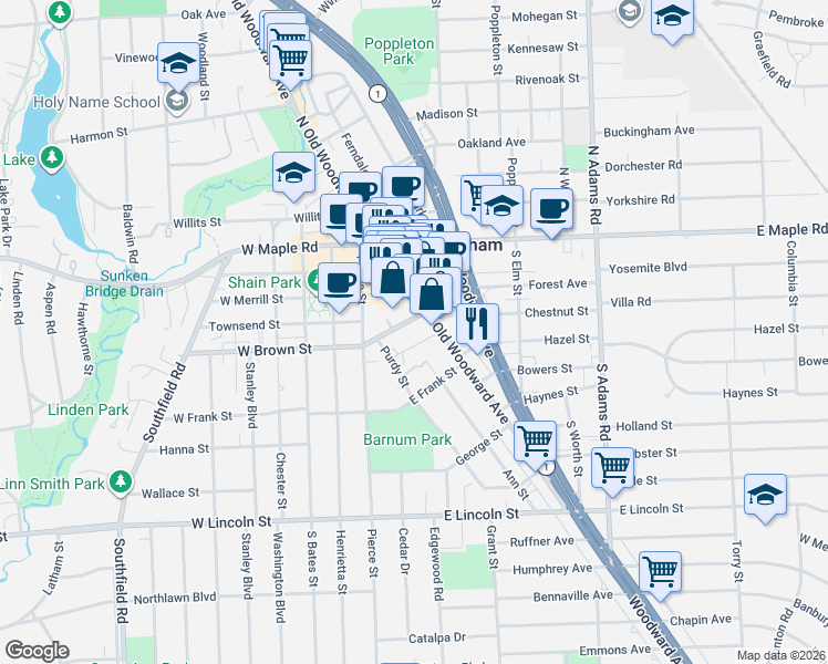 map of restaurants, bars, coffee shops, grocery stores, and more near 353 South Old Woodward Avenue in Birmingham