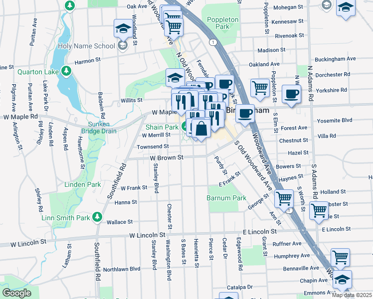 map of restaurants, bars, coffee shops, grocery stores, and more near 400 South Bates Street in Birmingham