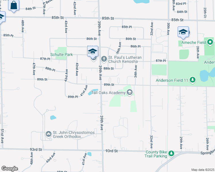 map of restaurants, bars, coffee shops, grocery stores, and more near 3825 89th Street in Kenosha