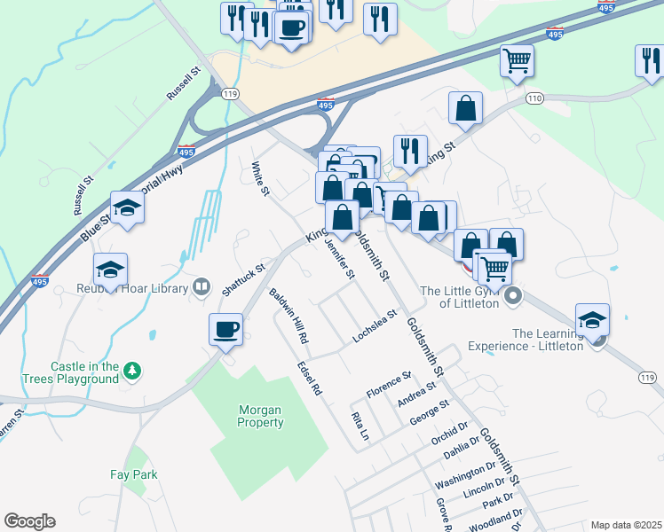 map of restaurants, bars, coffee shops, grocery stores, and more near 17 Jennifer Street in Littleton