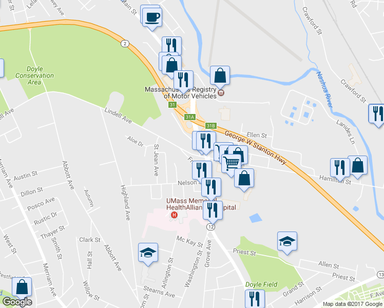 map of restaurants, bars, coffee shops, grocery stores, and more near 33 Lindell Avenue in Leominster