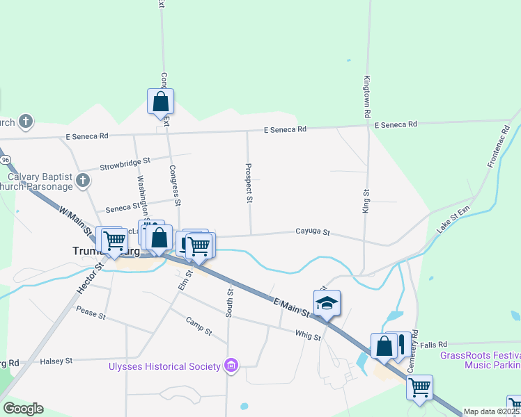 map of restaurants, bars, coffee shops, grocery stores, and more near 12 Prospect St in Trumansburg