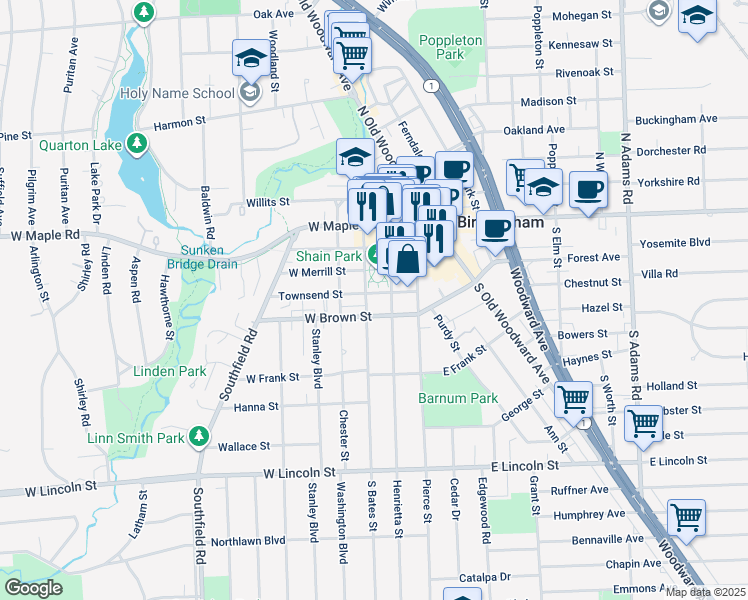 map of restaurants, bars, coffee shops, grocery stores, and more near 245 Townsend Street in Birmingham