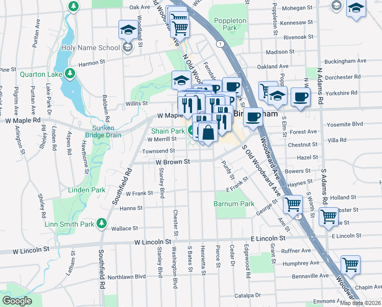 map of restaurants, bars, coffee shops, grocery stores, and more near 259 Townsend Street in Birmingham