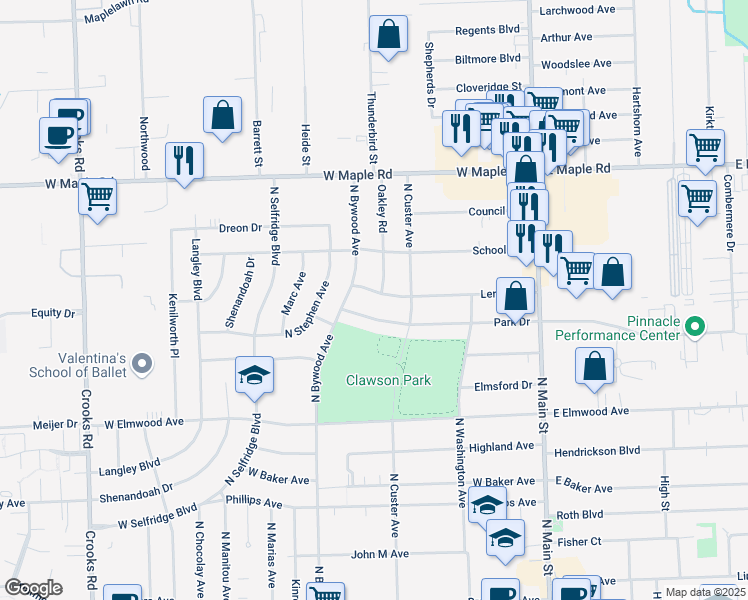 map of restaurants, bars, coffee shops, grocery stores, and more near 513 Leroy Avenue in Clawson