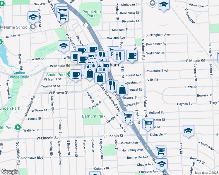 map of restaurants, bars, coffee shops, grocery stores, and more near 34645 Woodward Avenue in Birmingham