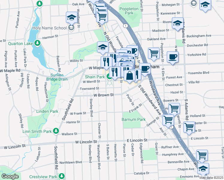 map of restaurants, bars, coffee shops, grocery stores, and more near 107 Townsend Street in Birmingham