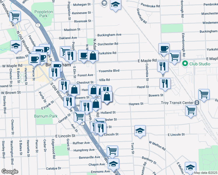 map of restaurants, bars, coffee shops, grocery stores, and more near 1221 Bowers Street in Birmingham