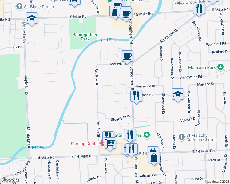 map of restaurants, bars, coffee shops, grocery stores, and more near 13516 Whittier Drive in Sterling Heights