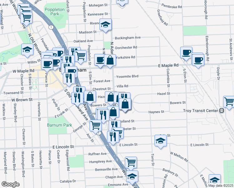 map of restaurants, bars, coffee shops, grocery stores, and more near 475 South Adams Road in Birmingham
