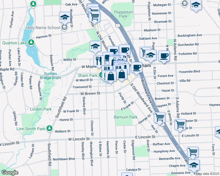 map of restaurants, bars, coffee shops, grocery stores, and more near 107 Townsend Street in Birmingham