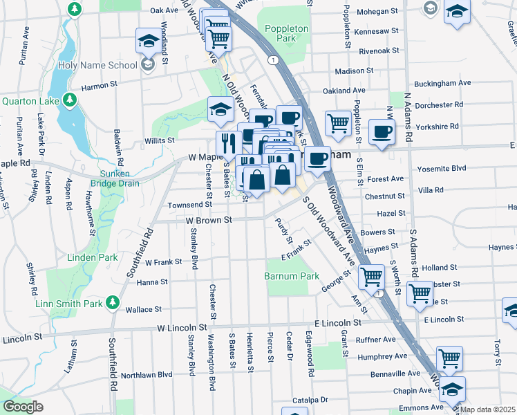 map of restaurants, bars, coffee shops, grocery stores, and more near 107 Townsend Street in Birmingham