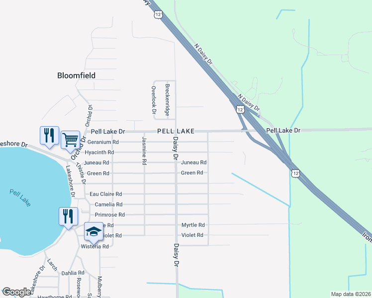 map of restaurants, bars, coffee shops, grocery stores, and more near N1480 Daisy Drive in Genoa City