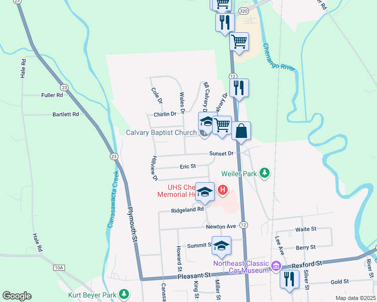 map of restaurants, bars, coffee shops, grocery stores, and more near 28 Sunset Drive in Norwich