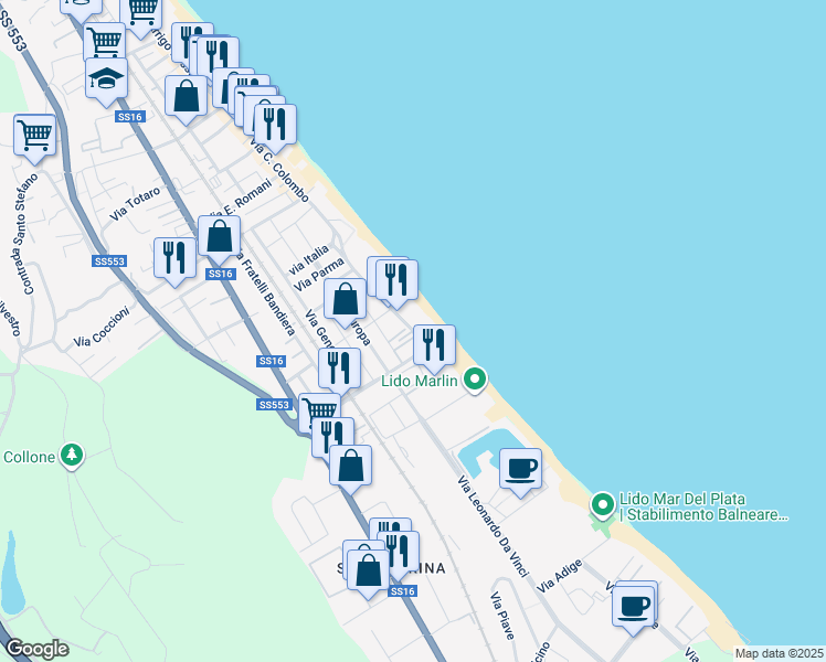 map of restaurants, bars, coffee shops, grocery stores, and more near 78 Via Gabriele D'Annunzio in Silvi