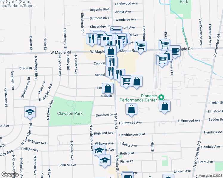 map of restaurants, bars, coffee shops, grocery stores, and more near 67 Leroy Avenue in Clawson