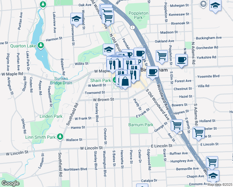 map of restaurants, bars, coffee shops, grocery stores, and more near 400 South Bates Street in Birmingham