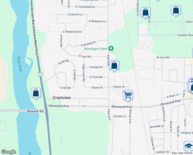 map of restaurants, bars, coffee shops, grocery stores, and more near 865 East Post Road in Beloit