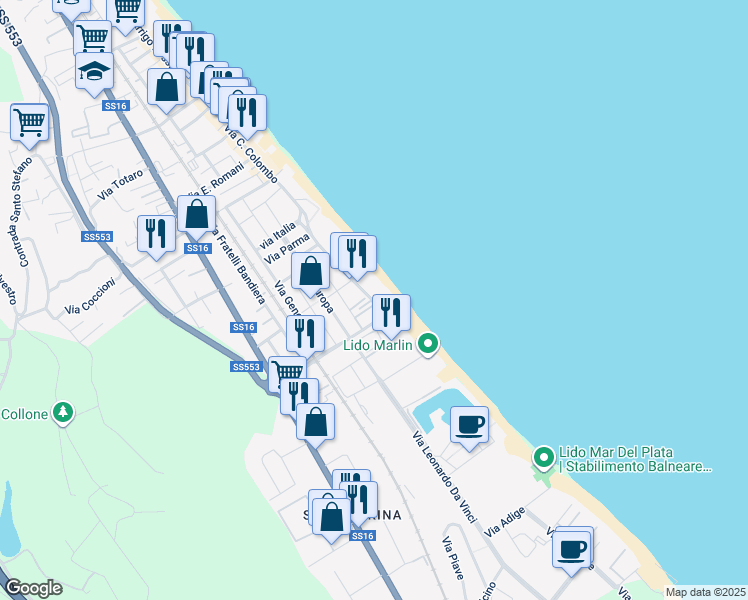 map of restaurants, bars, coffee shops, grocery stores, and more near 78 Via Gabriele D'Annunzio in Silvi