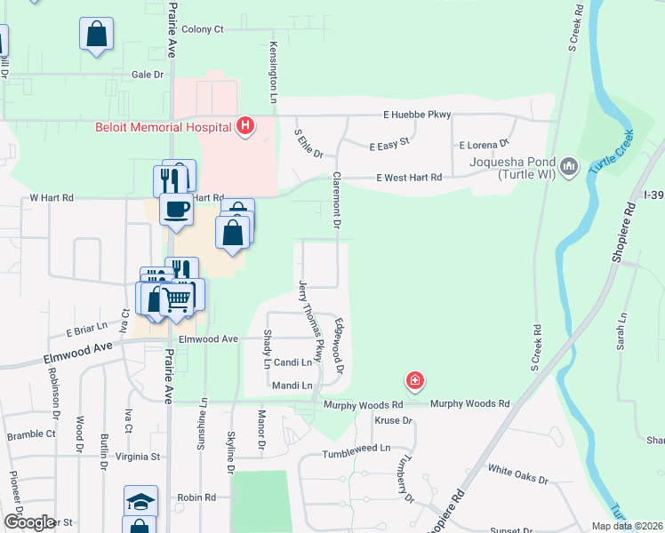 map of restaurants, bars, coffee shops, grocery stores, and more near 2600 Claremont Drive in Beloit
