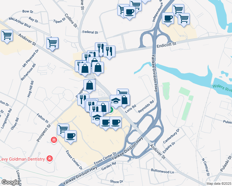 map of restaurants, bars, coffee shops, grocery stores, and more near 199 Andover Street in Peabody