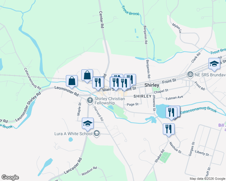 map of restaurants, bars, coffee shops, grocery stores, and more near 25 Main Street in Shirley