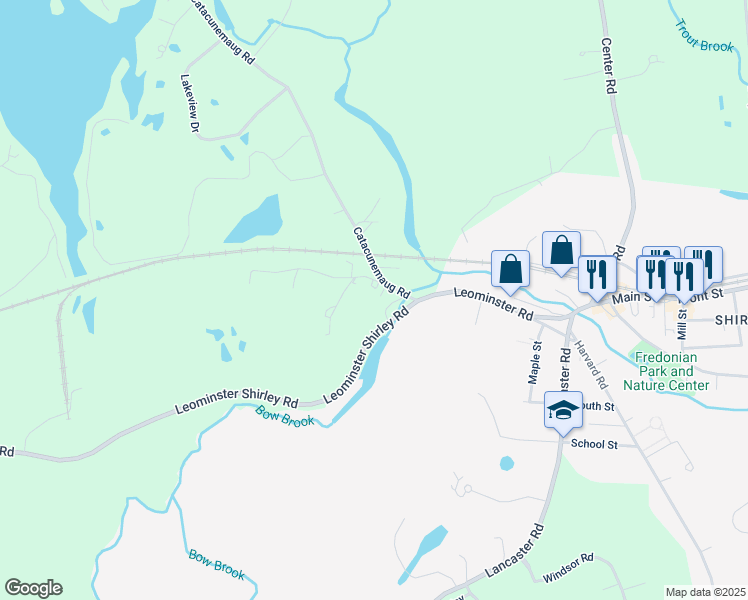 map of restaurants, bars, coffee shops, grocery stores, and more near 55 Leominster Road in Shirley
