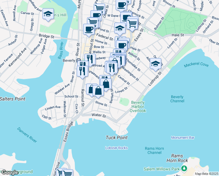map of restaurants, bars, coffee shops, grocery stores, and more near 83 Cabot Street in Beverly