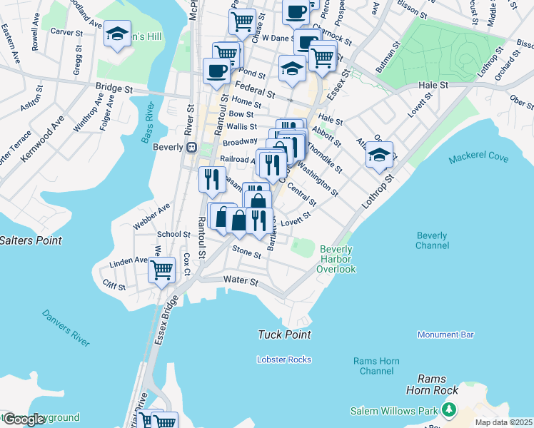 map of restaurants, bars, coffee shops, grocery stores, and more near 83 Cabot Street in Beverly