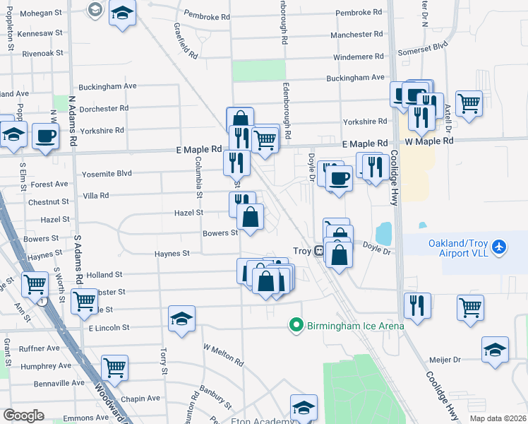 map of restaurants, bars, coffee shops, grocery stores, and more near 2019 Hazel Street in Birmingham