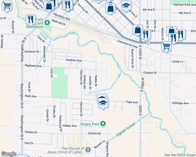 map of restaurants, bars, coffee shops, grocery stores, and more near 351 Noble Street in Twin Falls