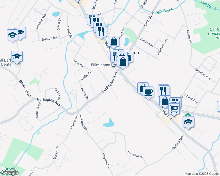 map of restaurants, bars, coffee shops, grocery stores, and more near 28 Burlington Avenue in Wilmington