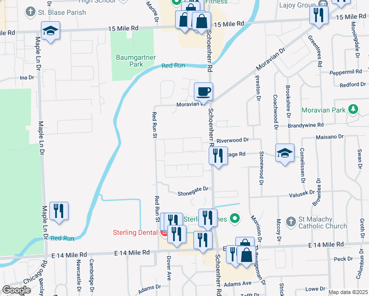map of restaurants, bars, coffee shops, grocery stores, and more near 13516 Whittier Drive in Sterling Heights