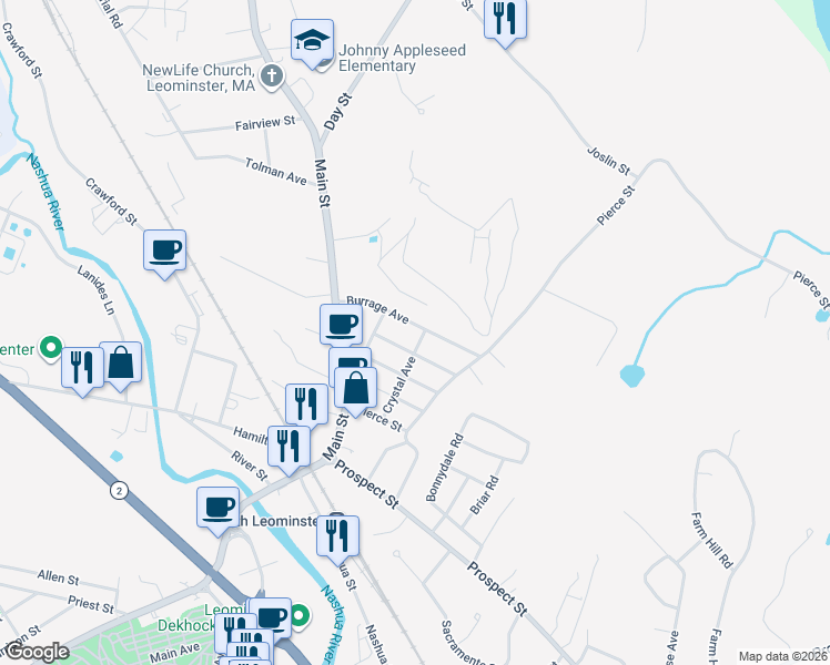 map of restaurants, bars, coffee shops, grocery stores, and more near 73 Burrage Avenue in Leominster