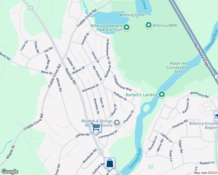 map of restaurants, bars, coffee shops, grocery stores, and more near 2 Pelham Street in Billerica