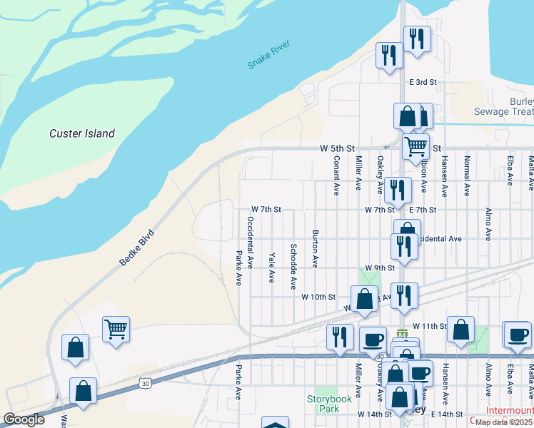 map of restaurants, bars, coffee shops, grocery stores, and more near 710 Yale Avenue in Burley
