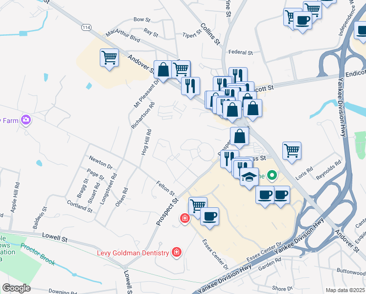 map of restaurants, bars, coffee shops, grocery stores, and more near 64 Avalon Drive in Peabody
