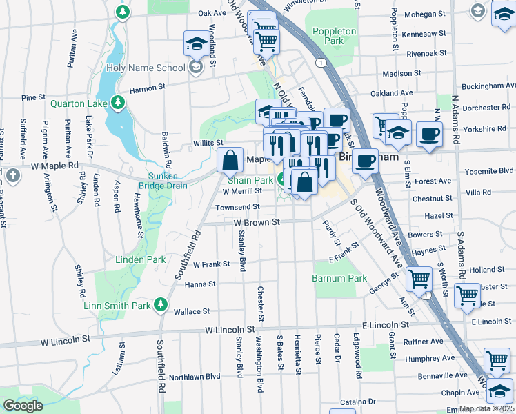 map of restaurants, bars, coffee shops, grocery stores, and more near Townsend Street in Birmingham