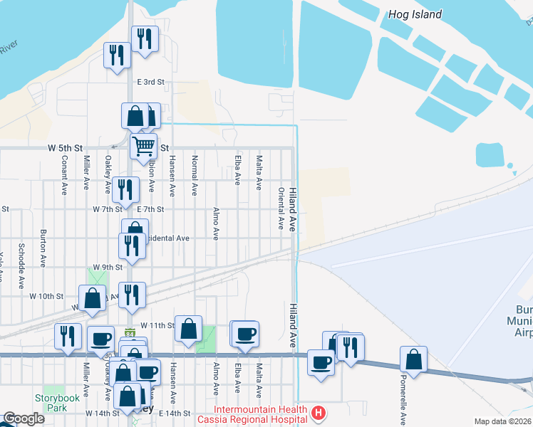 map of restaurants, bars, coffee shops, grocery stores, and more near 701 Malta Avenue in Burley