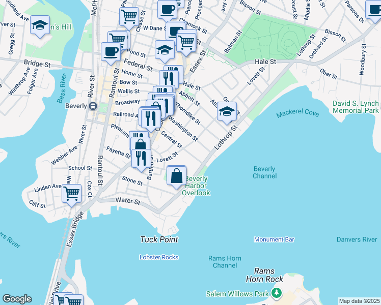 map of restaurants, bars, coffee shops, grocery stores, and more near 27 Central Street in Beverly