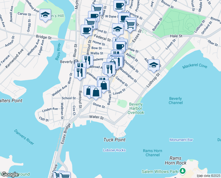 map of restaurants, bars, coffee shops, grocery stores, and more near 83 Cabot Street in Beverly