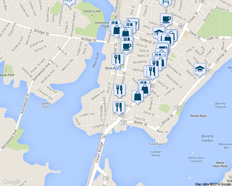 map of restaurants, bars, coffee shops, grocery stores, and more near 60 Rantoul Street in Beverly