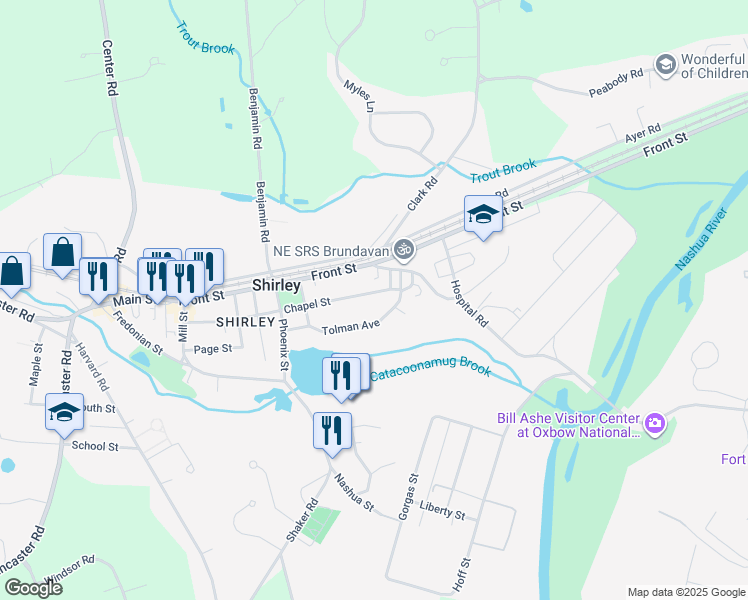 map of restaurants, bars, coffee shops, grocery stores, and more near 67 Chapel Street in Shirley