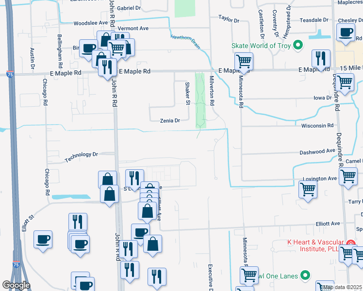map of restaurants, bars, coffee shops, grocery stores, and more near 2300 Grand Haven Drive in Troy